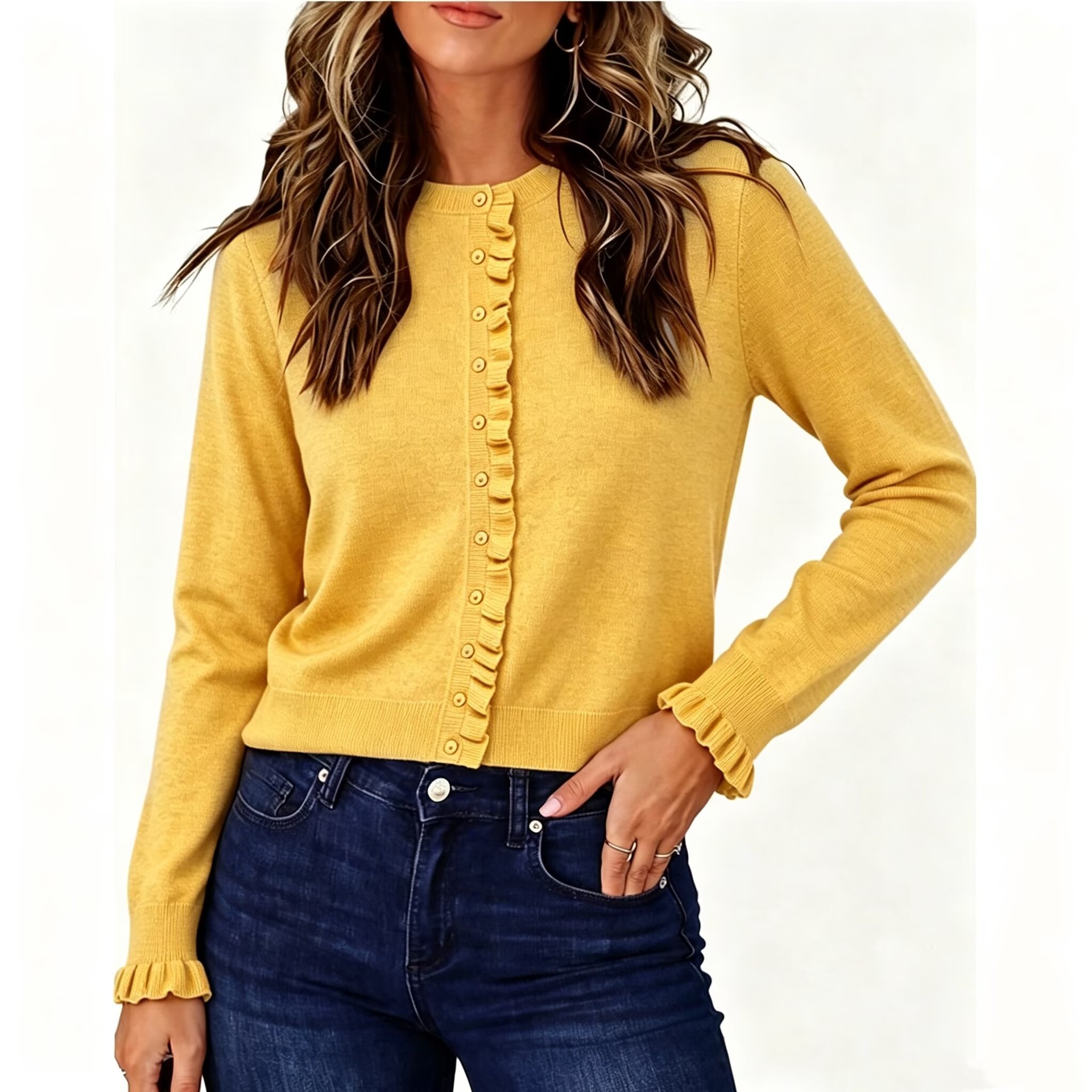 Women's Crewneck Long Sleeve Ruffle Knit Cardigan Sweater