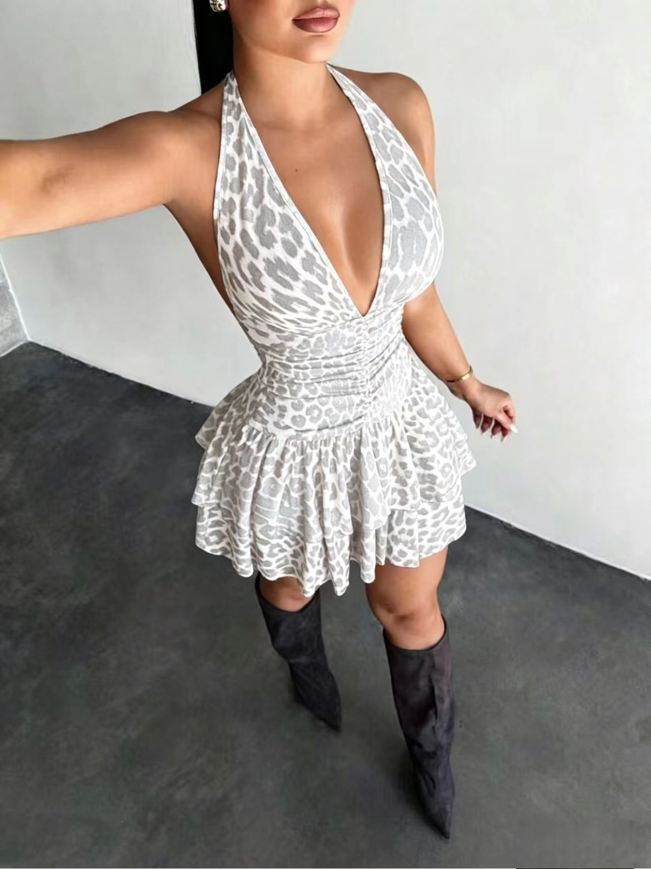 American Retro Leopard Print Backless Lace-Up Bodycon Mini Dress