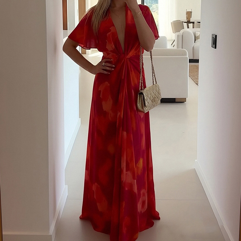 Women's Floral V-Neck High-Waist Long Dress