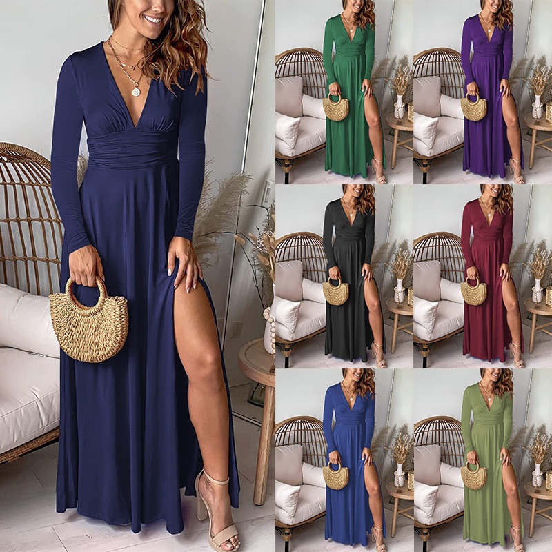 Deep V-Neck Long Sleeve Ruched High Waist Slit Club Party Dress Solid