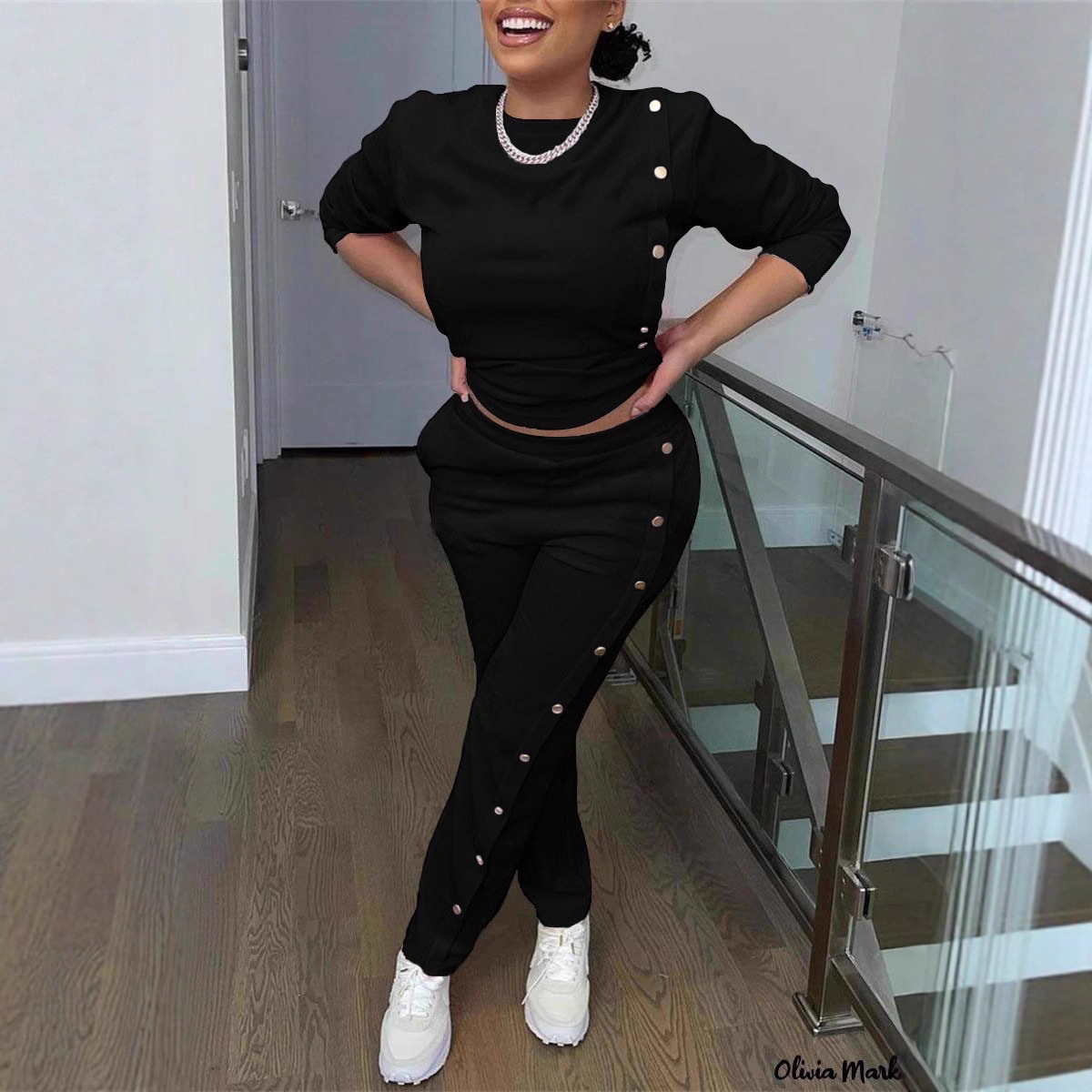 Side Button Two-Piece Sweatsuit Long Sleeve Top & Pants Casual Set