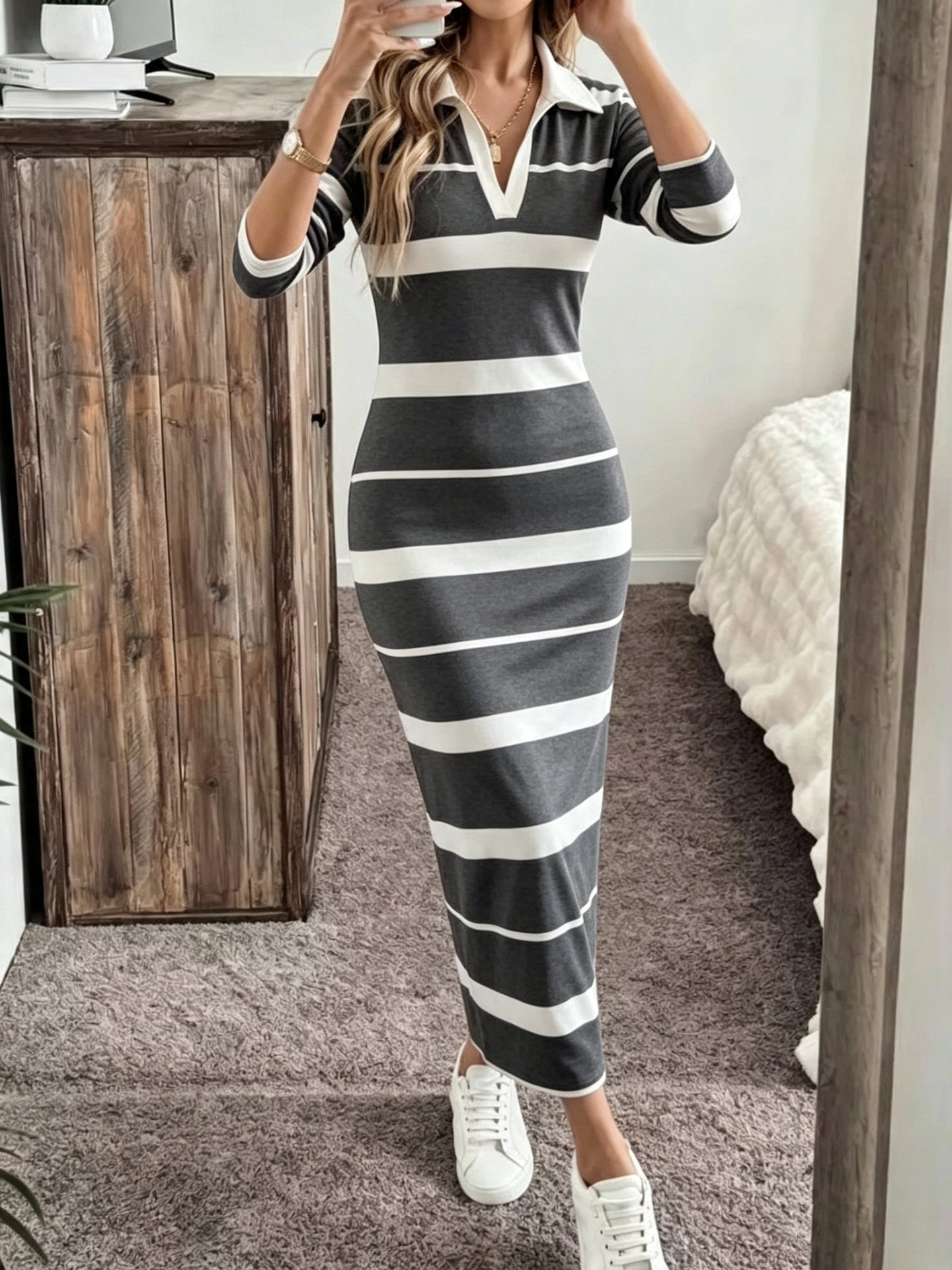 V-Neck Striped Print Long Bodycon Dress