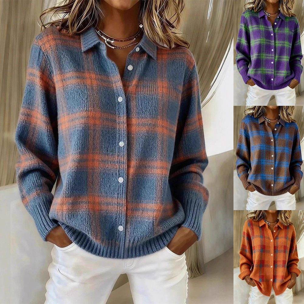 Plaid Collared Button-Front Cardigan Sweater
