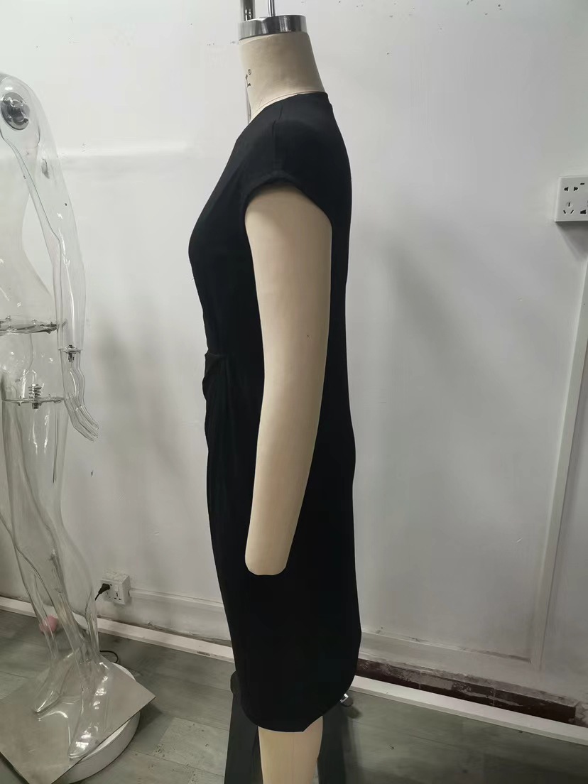 Women's Waist-Cinching Twist Knot Dress Round Neck Short Sleeve Midi Bodycon Commuter Dress