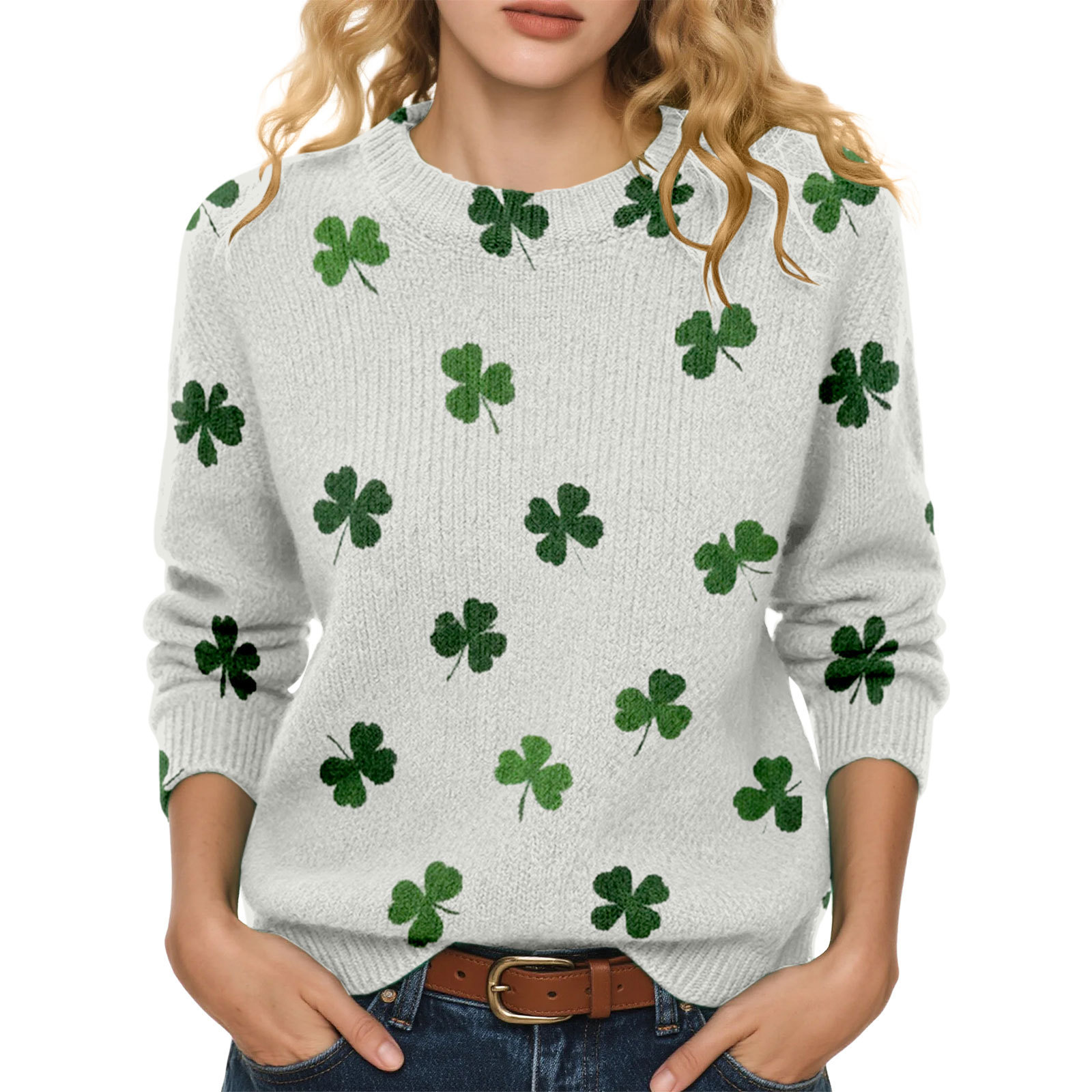 Lucky Clover Print Crewneck Sweatshirt for Women Casual Pullover