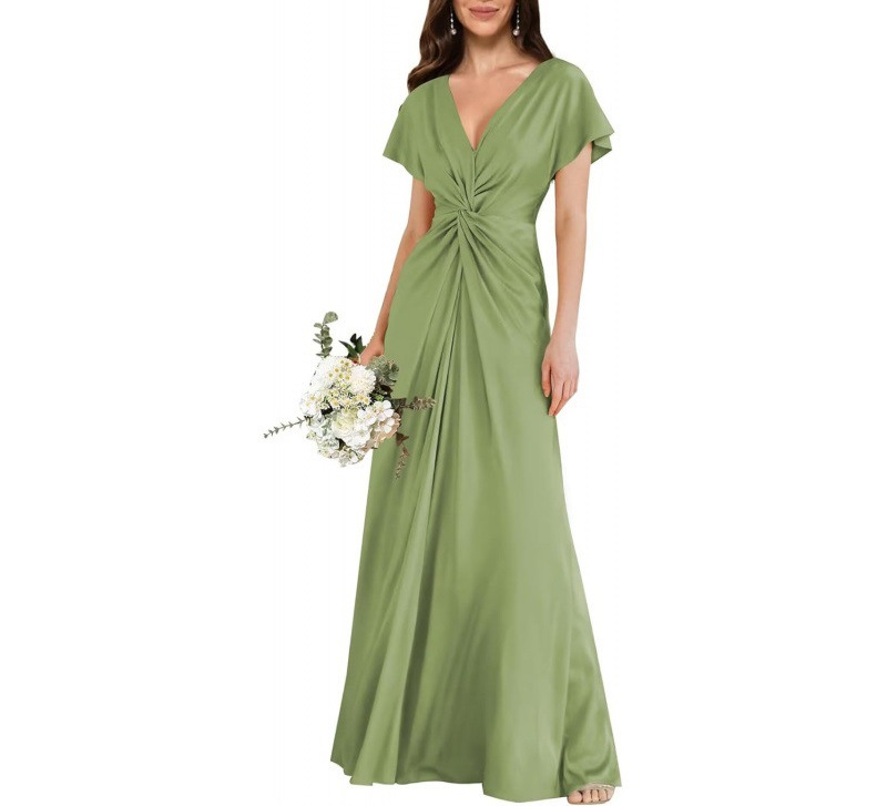 Satin Short Sleeve A-Line Dress V-Neck Midi Formal Party Bridesmaid