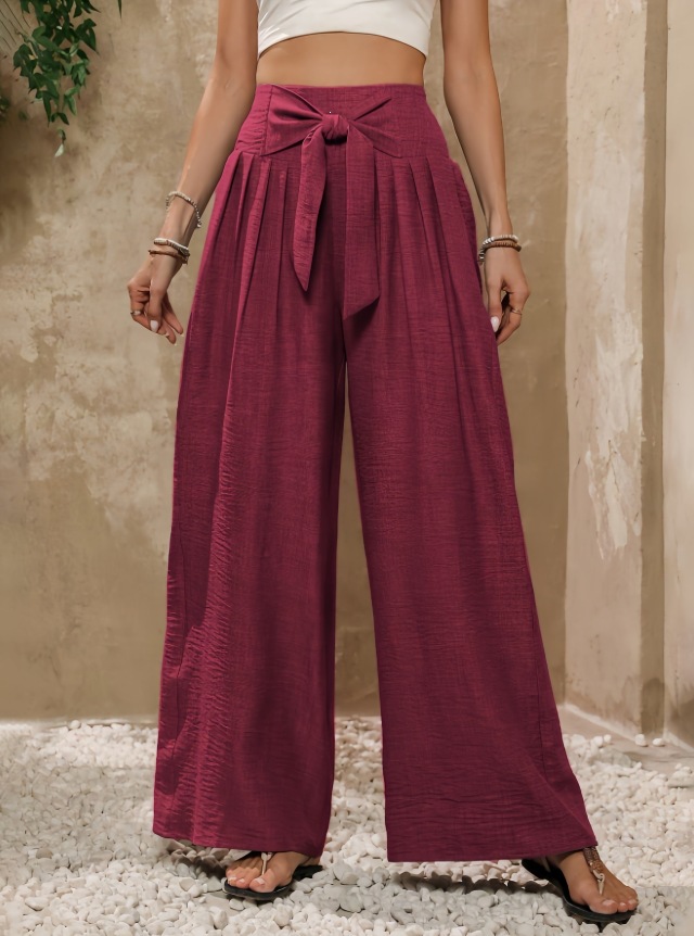 Women's High-Waist Tie-Front Wide-Leg Pants with Pockets