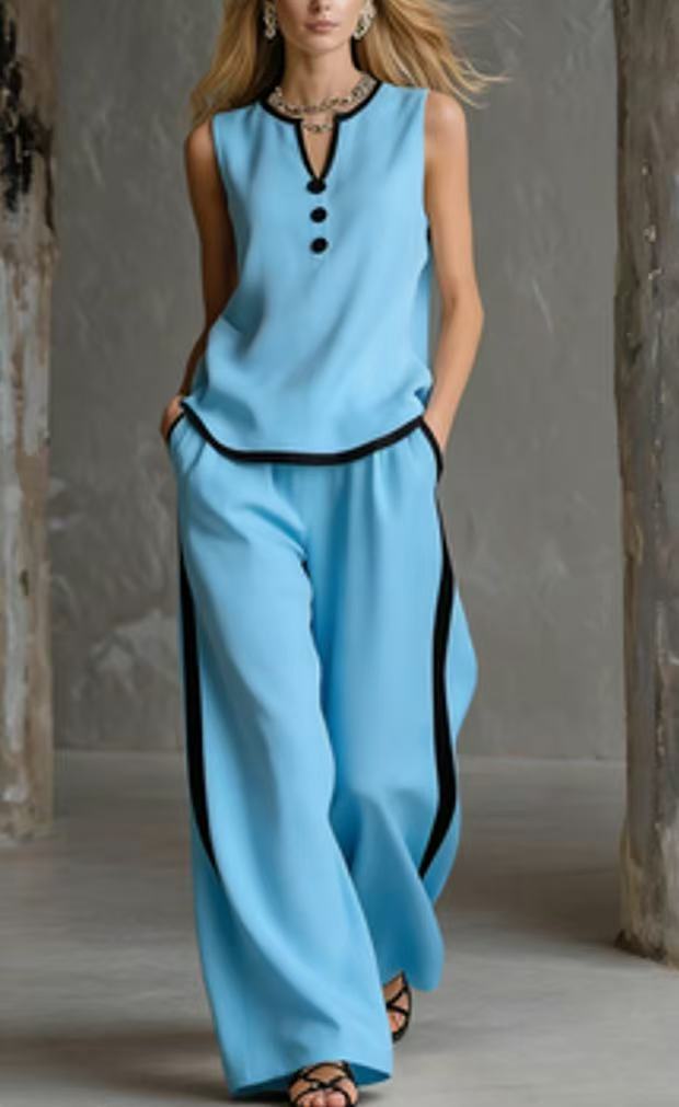 Sleeveless V-Neck Colorblock Wide-Leg Pant Set