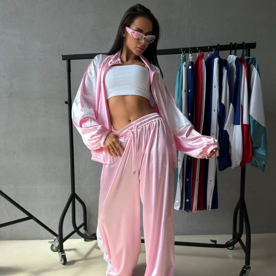 Women's Glossy Satin Tracksuit Set Stand Collar Zip Colorblock Raglan Sleeve Jacket Side Button Pants