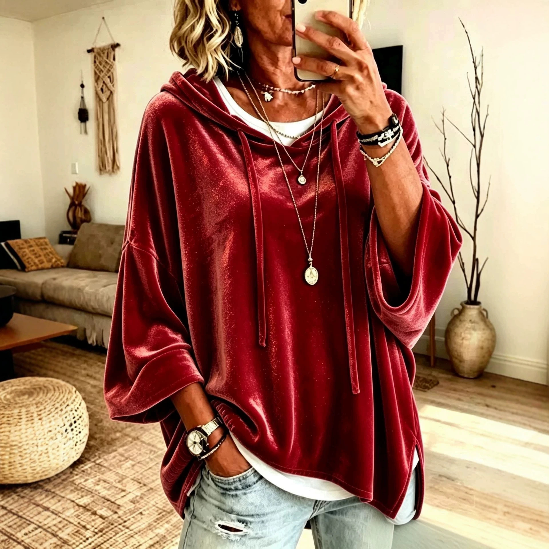 Solid Color 3/4 Sleeve Hooded Drawstring Loose Casual Sweatshirt for Women