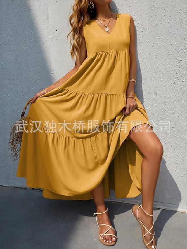 Women's Sleeveless V-Neck Flowy Maxi Dress Loose Waist Solid Color
