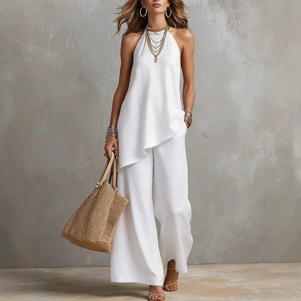 Women's Casual Round Neck Tank Top and Long Pants Set Multi-Color