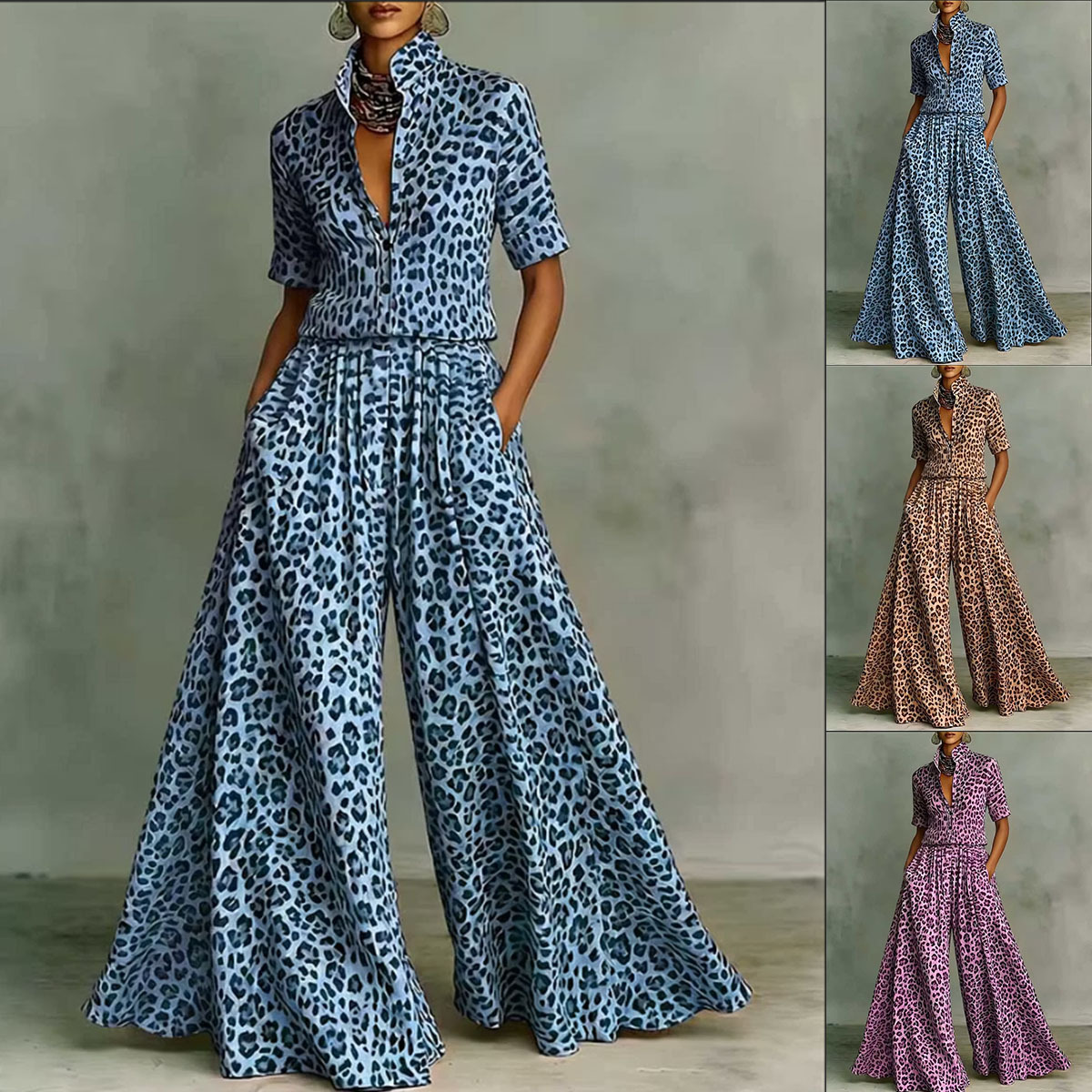 Women's Leopard Print Matching Set: Short Sleeve Loose Shirt & High Waist Wide Leg Pants