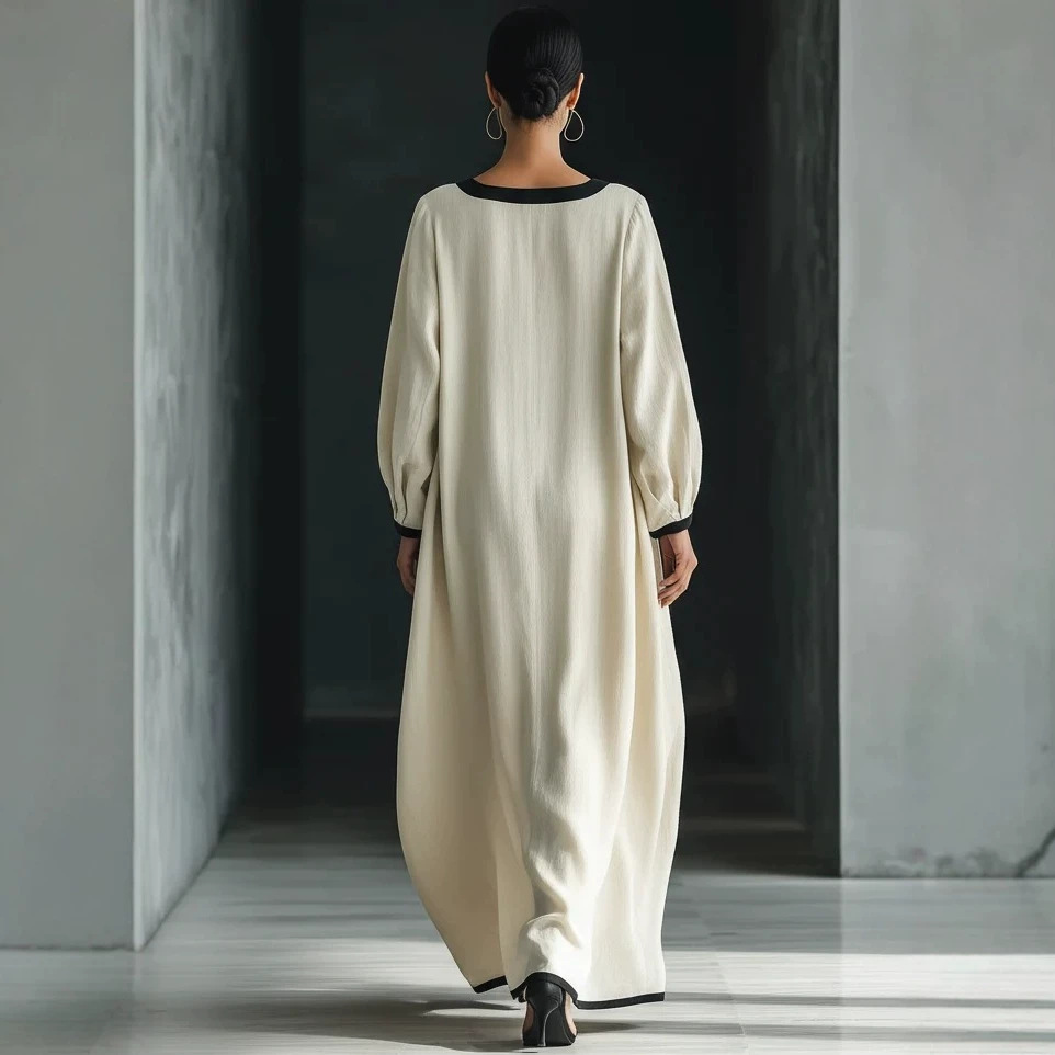 Square Neck Colorblock Trim Cotton-Linen Maxi Dress with Lantern Sleeves and Pockets