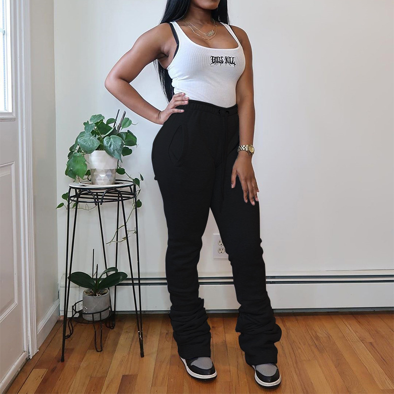 Women's Solid Color High Waist Pleated Drawstring Stacked Pants