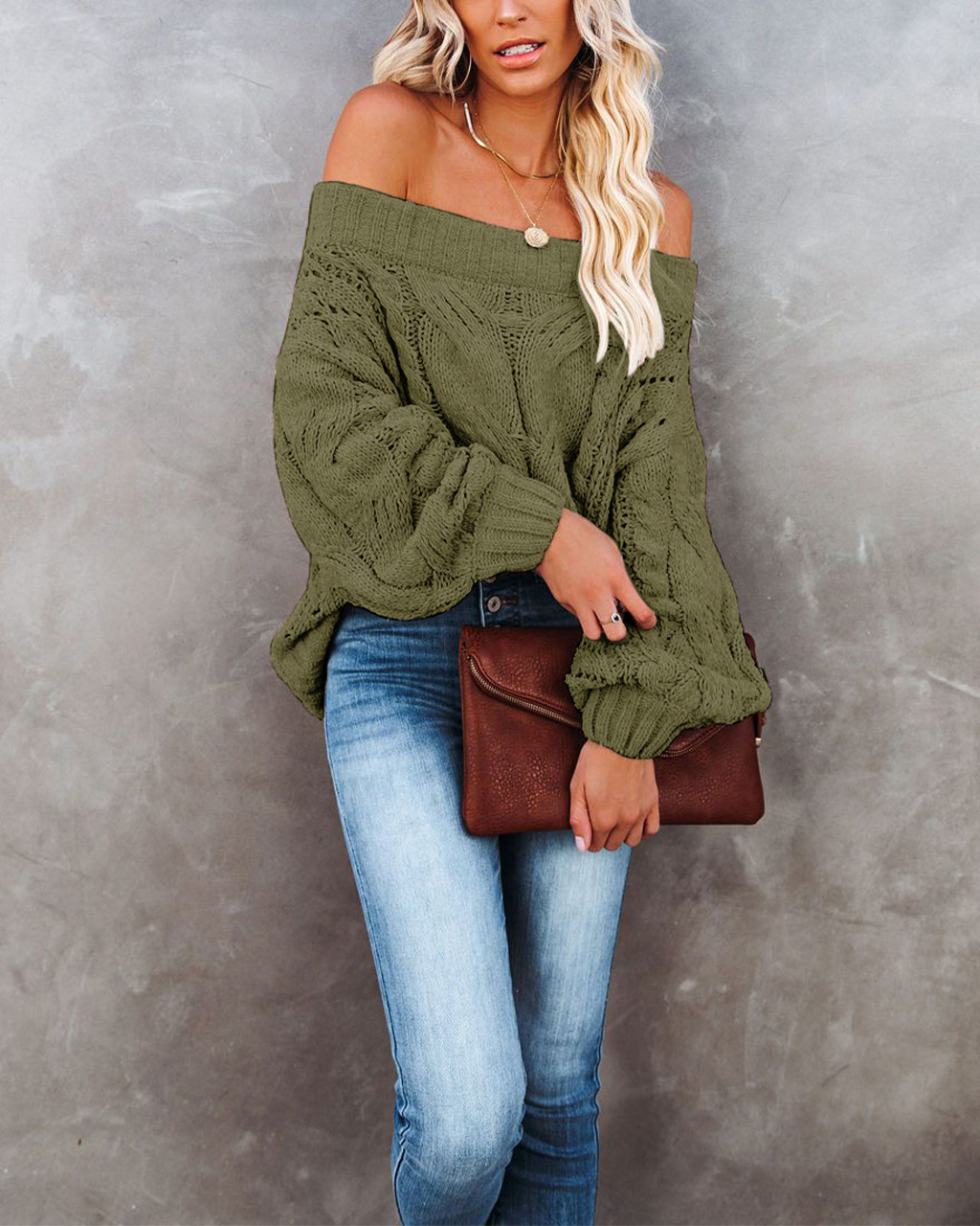 Off-Shoulder Loose Knit Pullover Sweater Solid Color