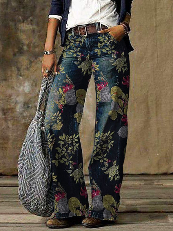 Cable-Knit Wide-Leg High-Waist Cotton Pants Vintage Blue