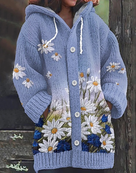 Women's Animal & Plant Print Hooded Button Cardigan