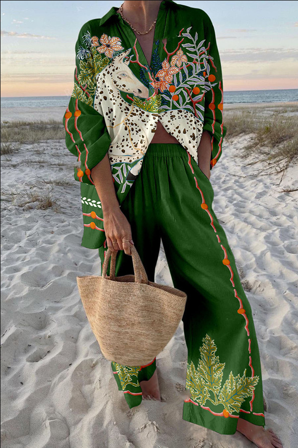 Women's Long Sleeve Collared Printed Shirt Set Casual Vacation Loungewear