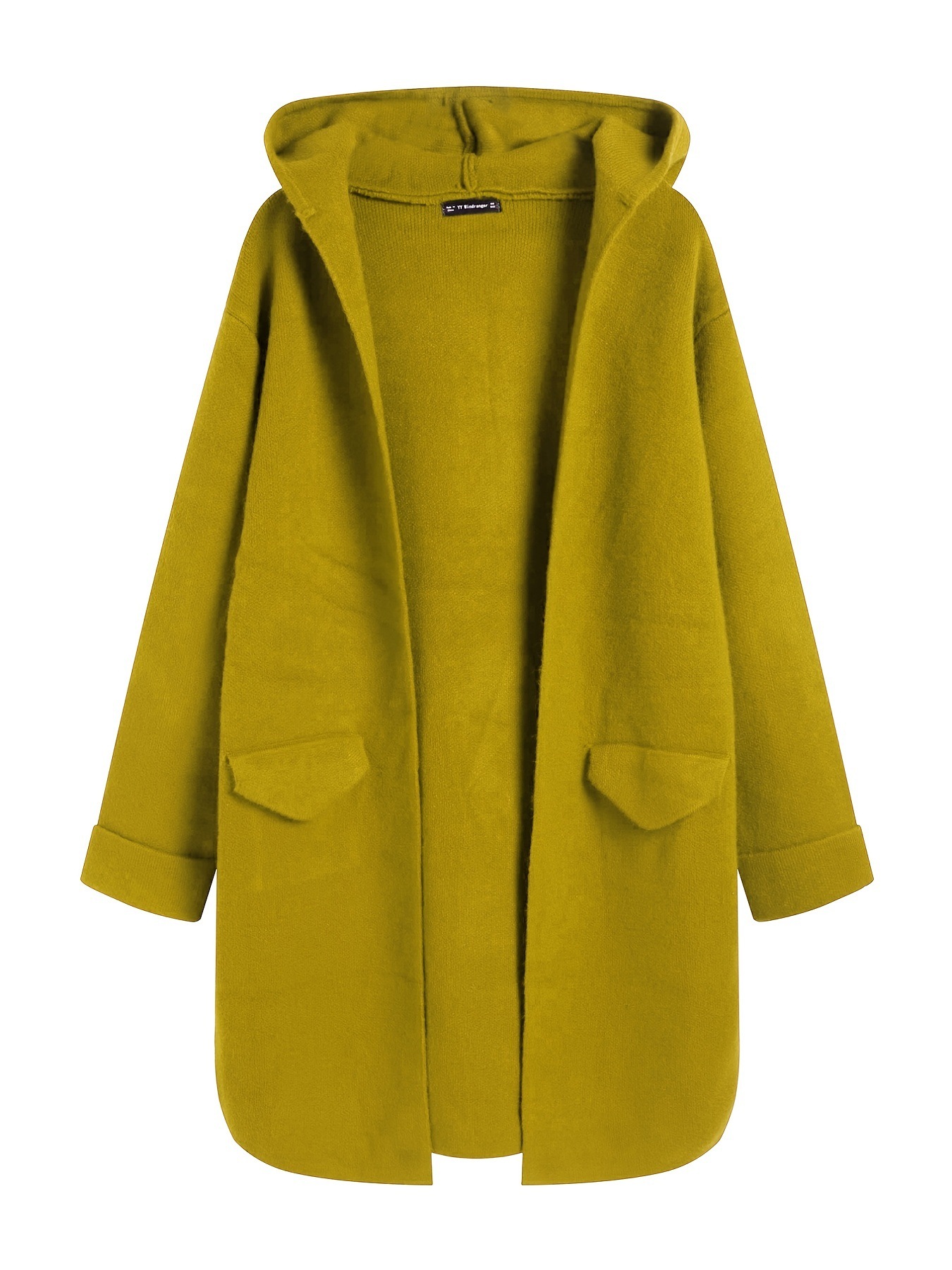 Women's Hooded Open-Front Wool Cardigan Sweater, Mid-Length Long Sleeve, Solid Color