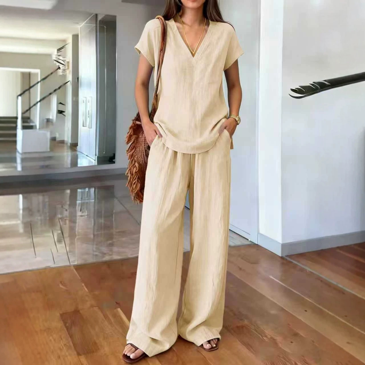 Women's V-Neck Short Sleeve Top & Wide Leg Pants Set