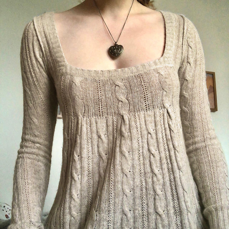 Women's Cable-Knit Square-Neck Sweater in Khaki