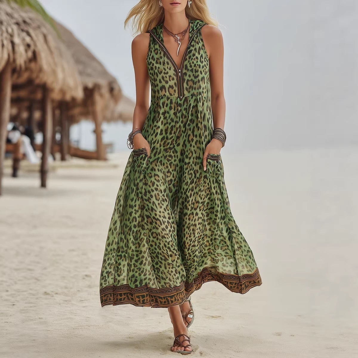 Women's Sleeveless V-Neck Leopard Print Hooded Midi Dress