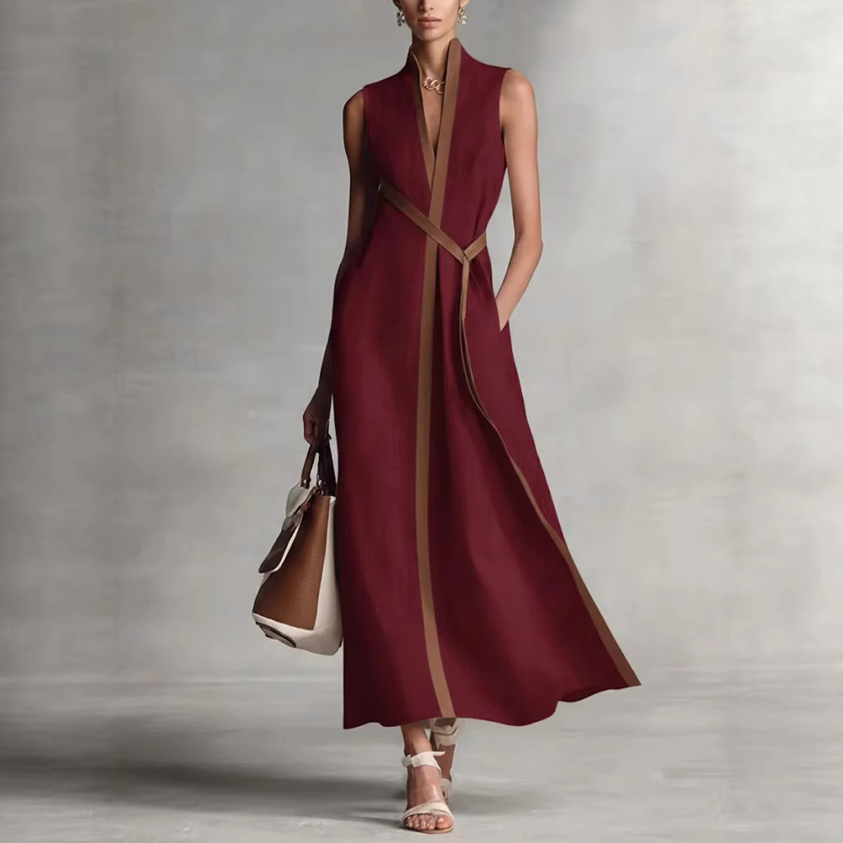 Color-Block Sleeveless Stand-Collar Cotton-Linen Dress