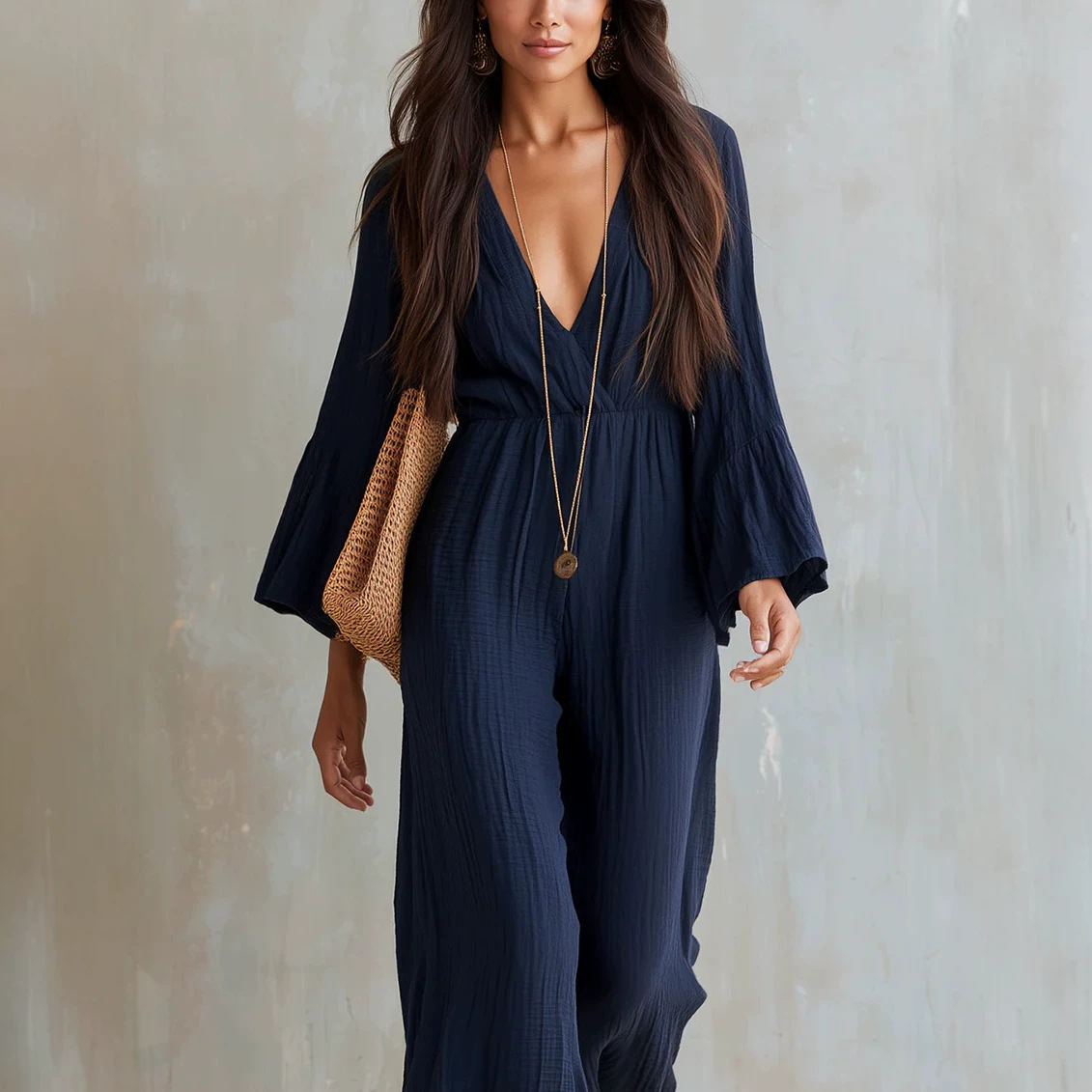 Women's Long Sleeve V-Neck Bohemian Jumpsuit with Elastic Waist