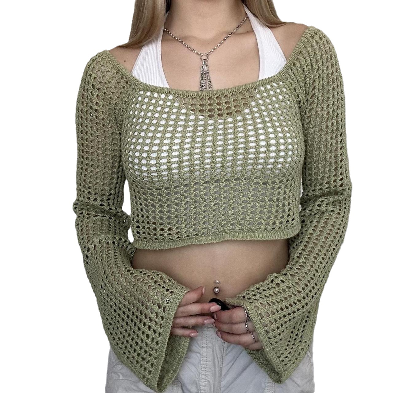 Women's Cutout Long Sleeve Crop Knit Top with Bell Sleeves