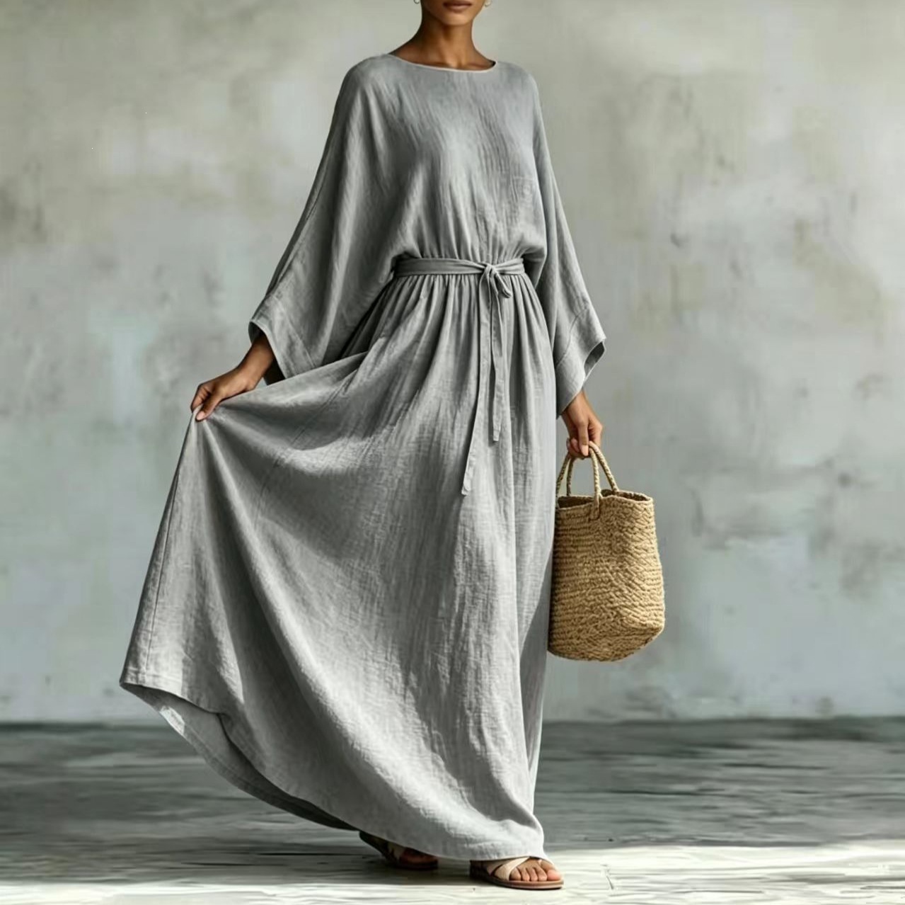 Lazy Style Cotton-Linen Tie-Waist Wide-Sleeve Maxi Dress