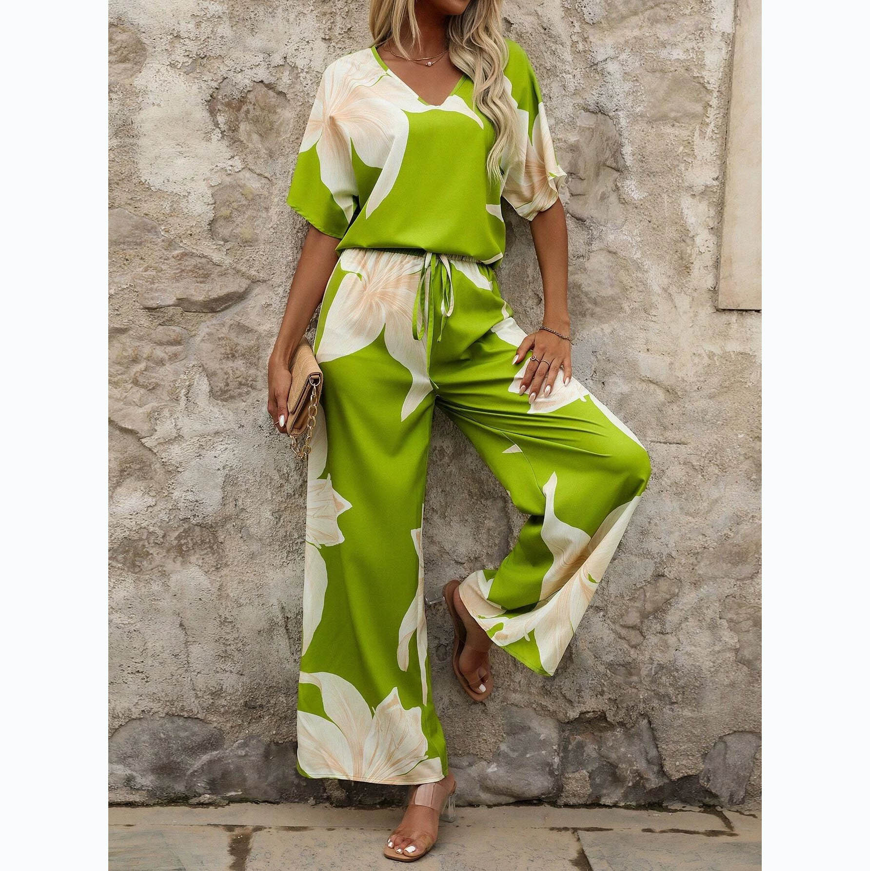 Women's Printed Casual Two-Piece Set Short Sleeve T-Shirt & Wide-Leg Pants
