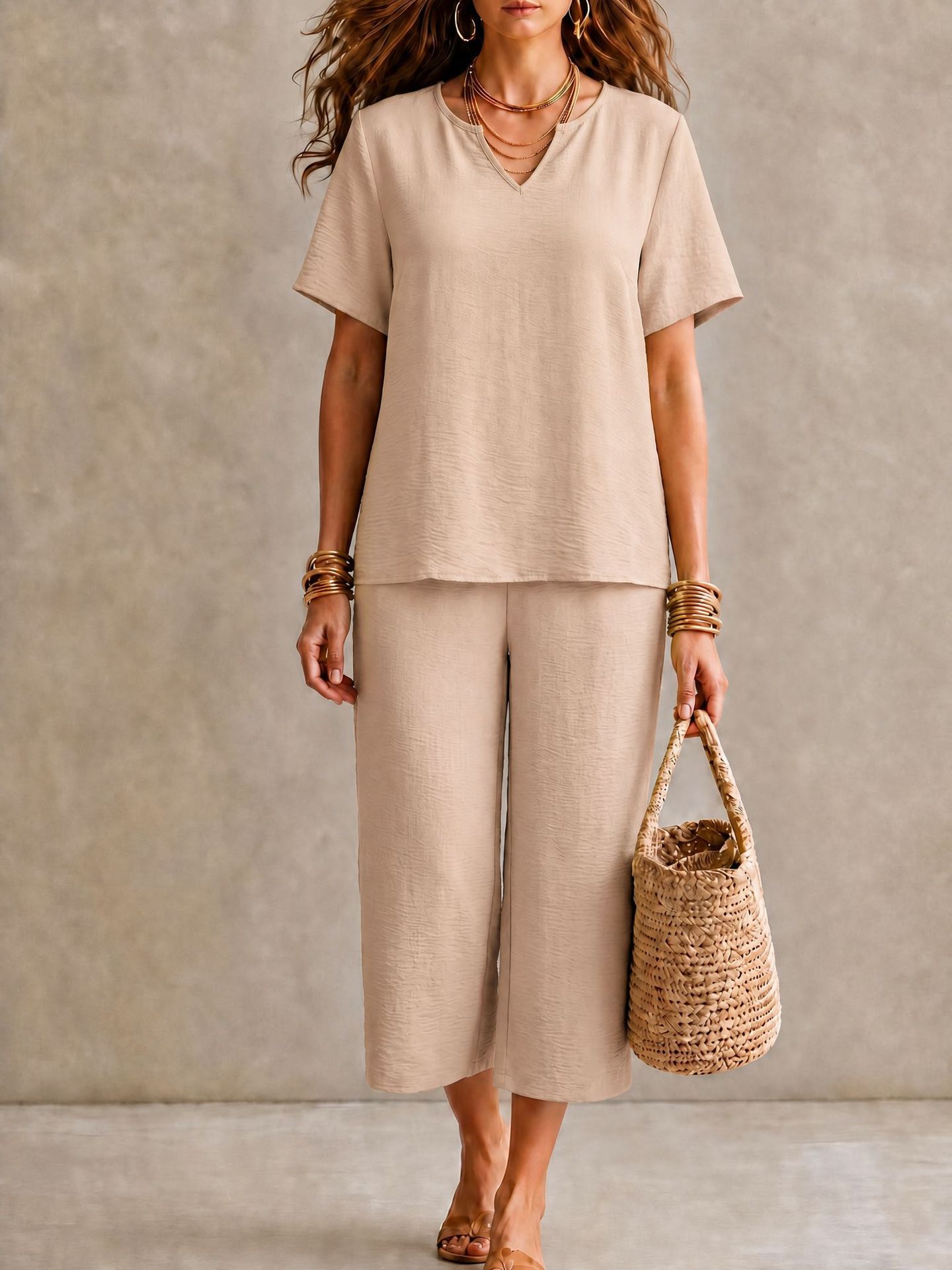 Women's Solid V-Neck Short Sleeve Shirt & Wide-Leg Pants Set with Elastic Waist