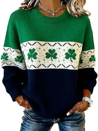 Women's Clover Print Crewneck Sweatshirt Casual Pullover