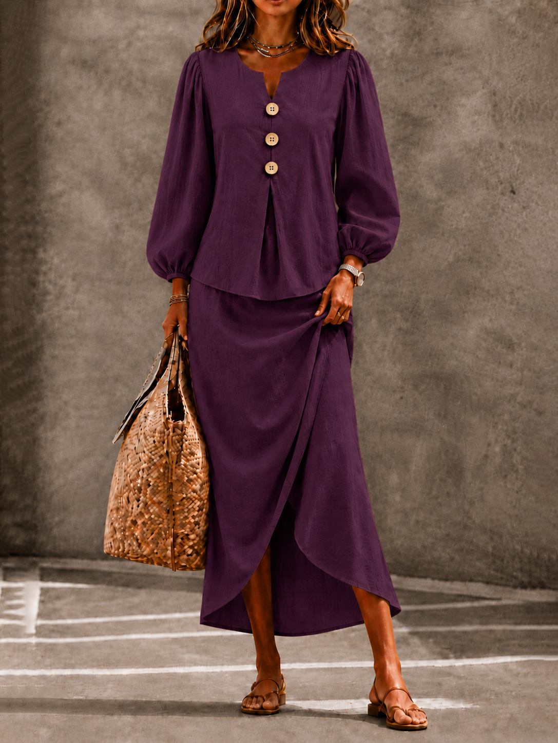 Women's Two-Piece Set with Round-Neck Button Top and Lantern Sleeves, Long Skirt