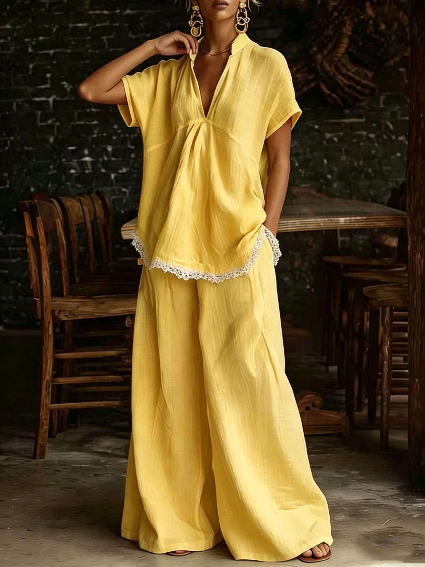 Women's Linen-Blend Short-Sleeve Shirt & Wide-Leg Pants Two-Piece Set