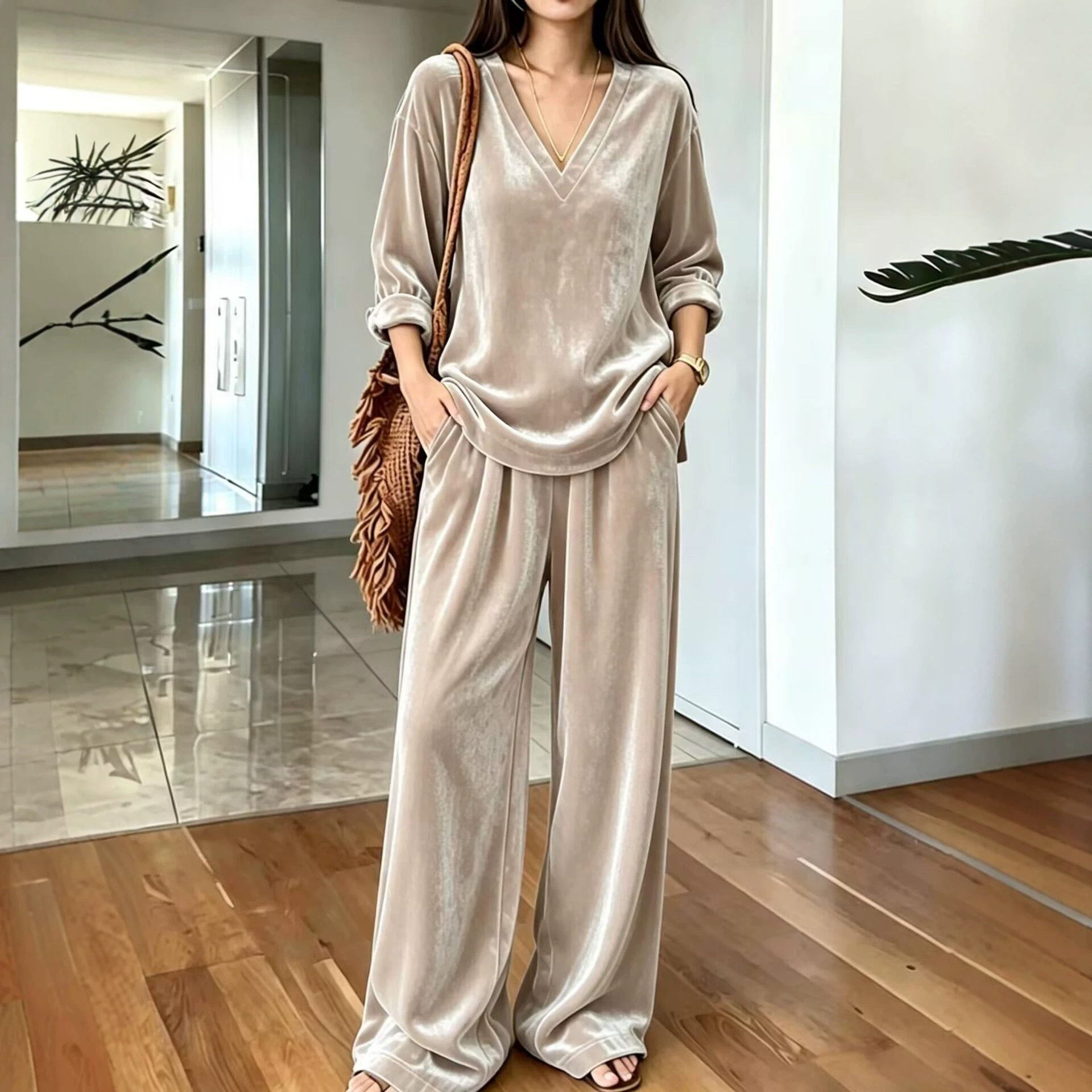 Women's V-Neck Long Sleeve Top & Wide Leg Pants Two-Piece Set