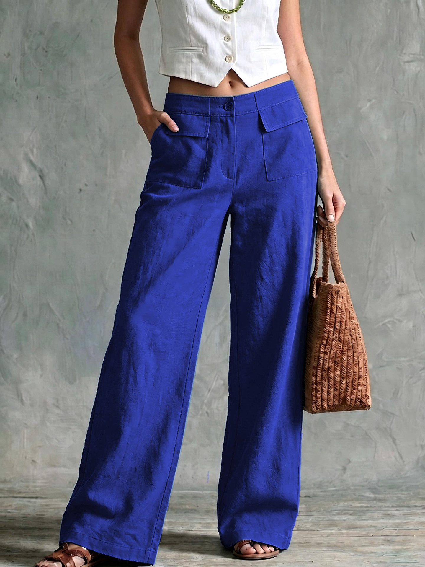 Women's Solid Cotton-Blend Wide-Leg Casual Pants High Waist Loose Fit