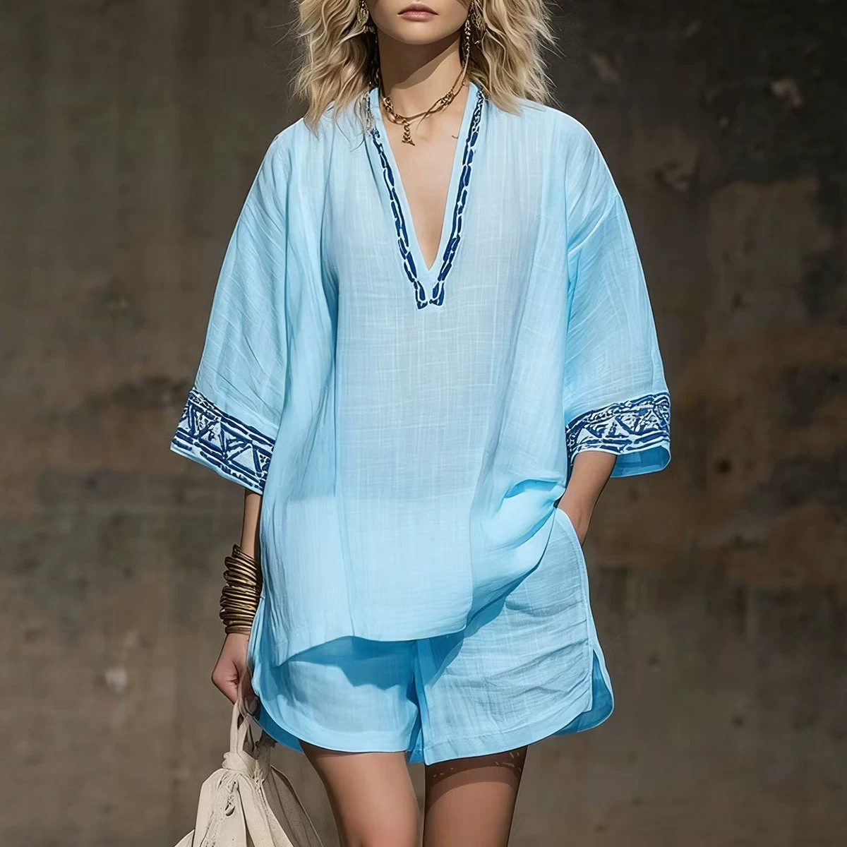 Bohemian Linen-Blend Printed V-Neck Short Sleeve Top and Shorts Set