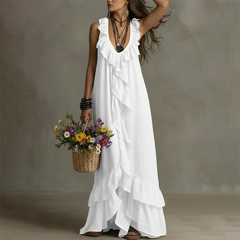 French Vintage Sleeveless Ruffle V-Neck Dress