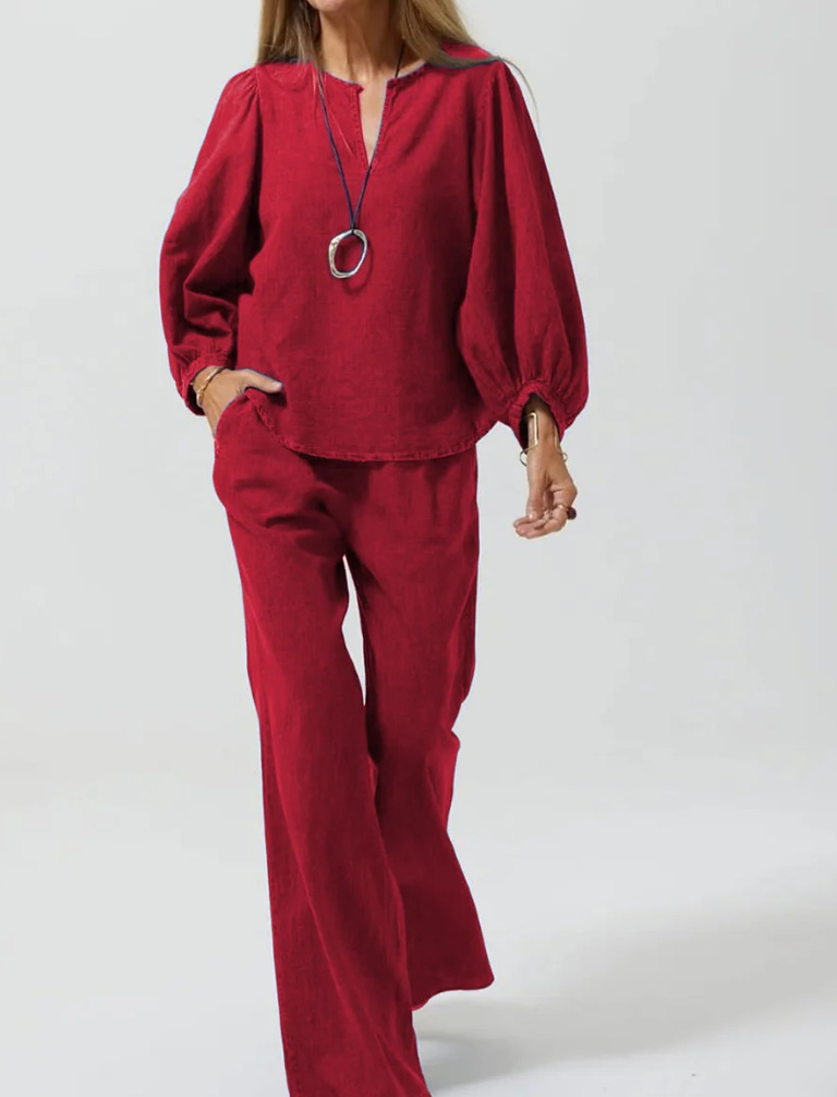Women's Cotton-Linen V-Neck Long-Sleeve Top & Straight-Leg Pants Set