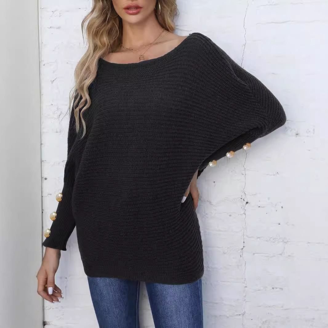 Women's Pearl Button Batwing Sleeve Off-Shoulder Knit Sweater