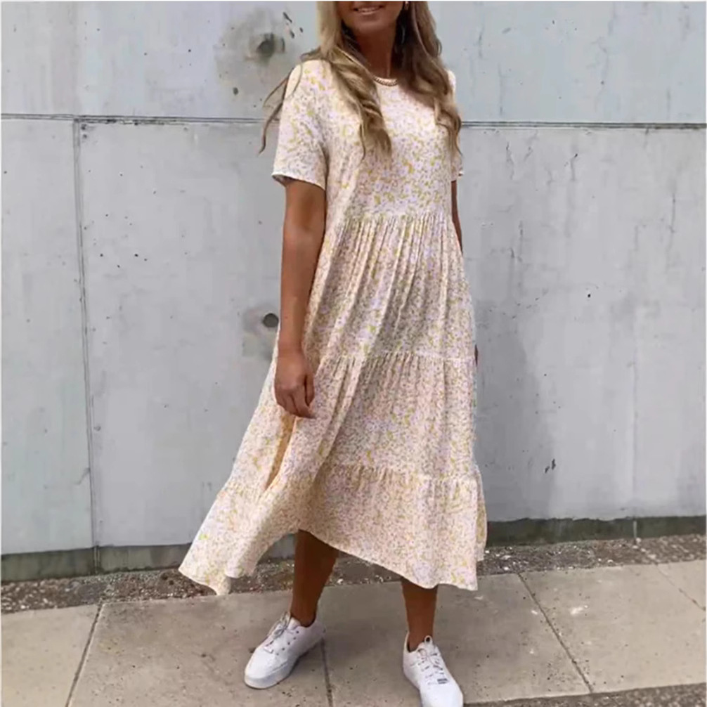 Floral Print Round Neck Casual Midi Dress