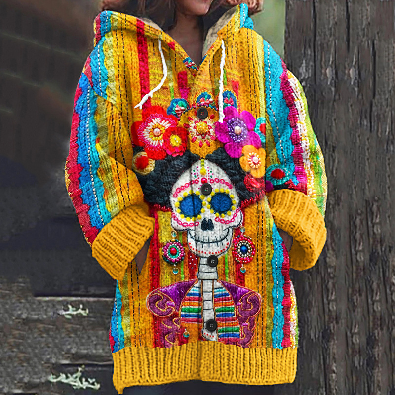 Women's Halloween Zombie Floral Print Hooded Button Cardigan Sweater
