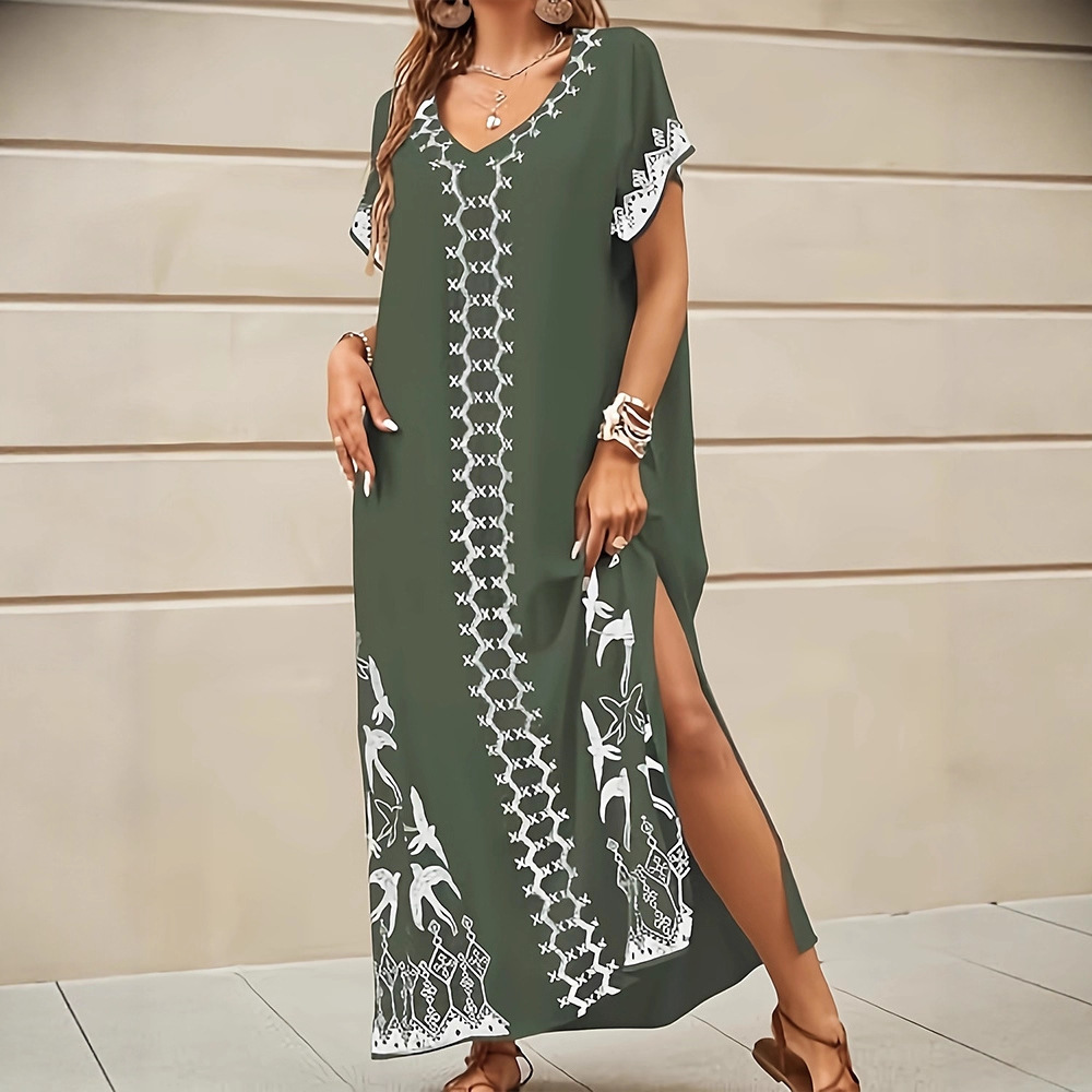 Bohemian Geometric Print V-Neck Batwing Sleeve Maxi Dress