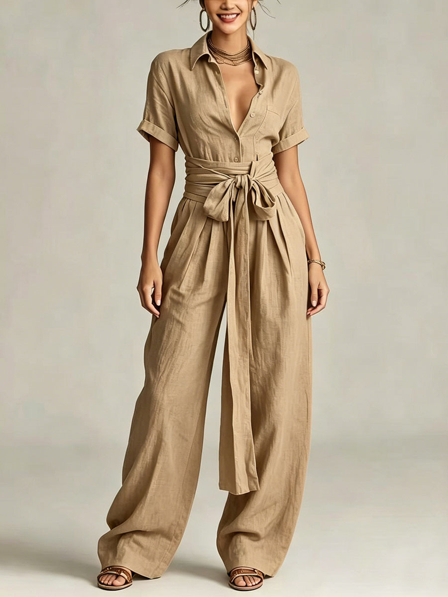 Women's Solid High-Waist Short-Sleeve Jumpsuit Casual Loose Straight-Leg