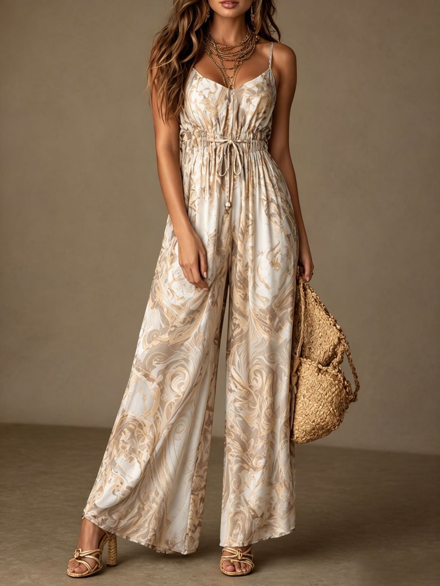 Floral Print Open-Back Wide-Leg Jumpsuit with Cami Straps