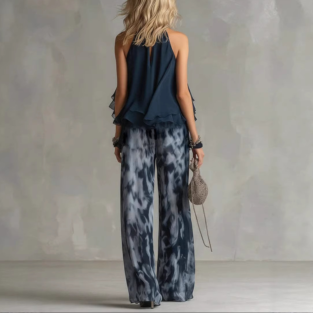 Sleeveless Halter Top and Printed Wide-Leg Chiffon Pants Set