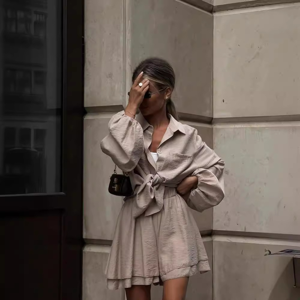 Women's Long Sleeve Ruffle Shorts Casual Set