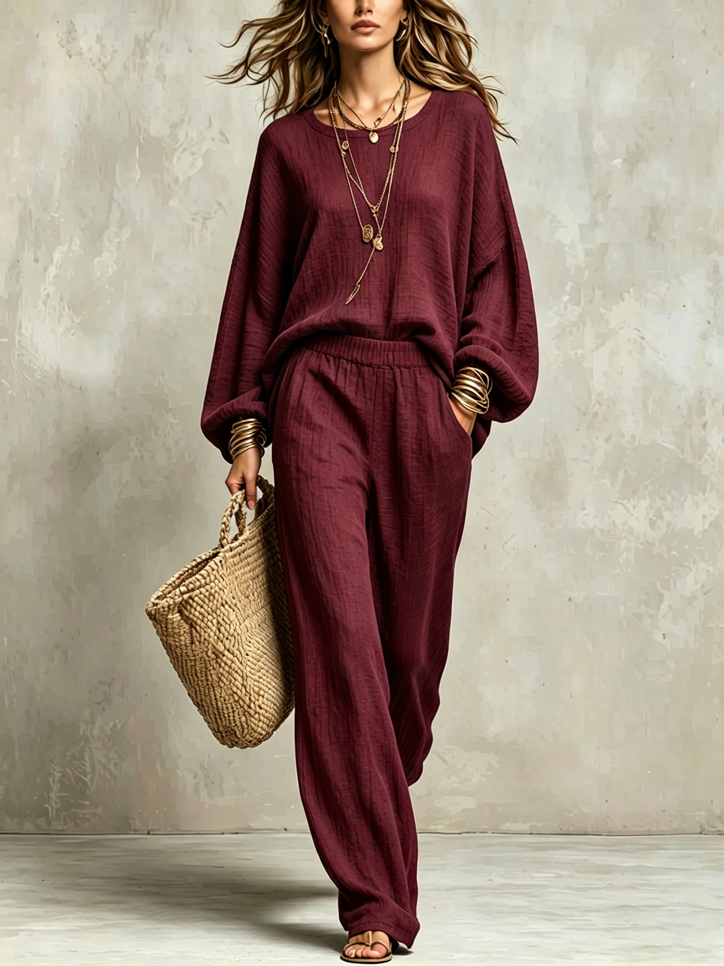 Double-Layer Crinkled Linen Two-Piece Set with Loose Sleeves and High-Waist Wide-Leg Pants